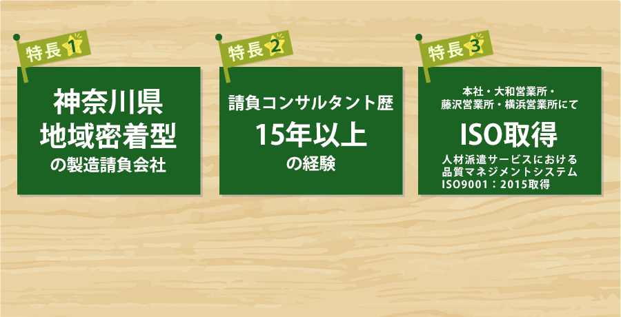 【特長1】神奈川県地域密着型の製造請負会社、【特長2】請負コンサルタント歴15年以上の経験、【特長3】ISO取得・人材派遣サービスにおける品質マネジメントシステムISO9001:2015取得